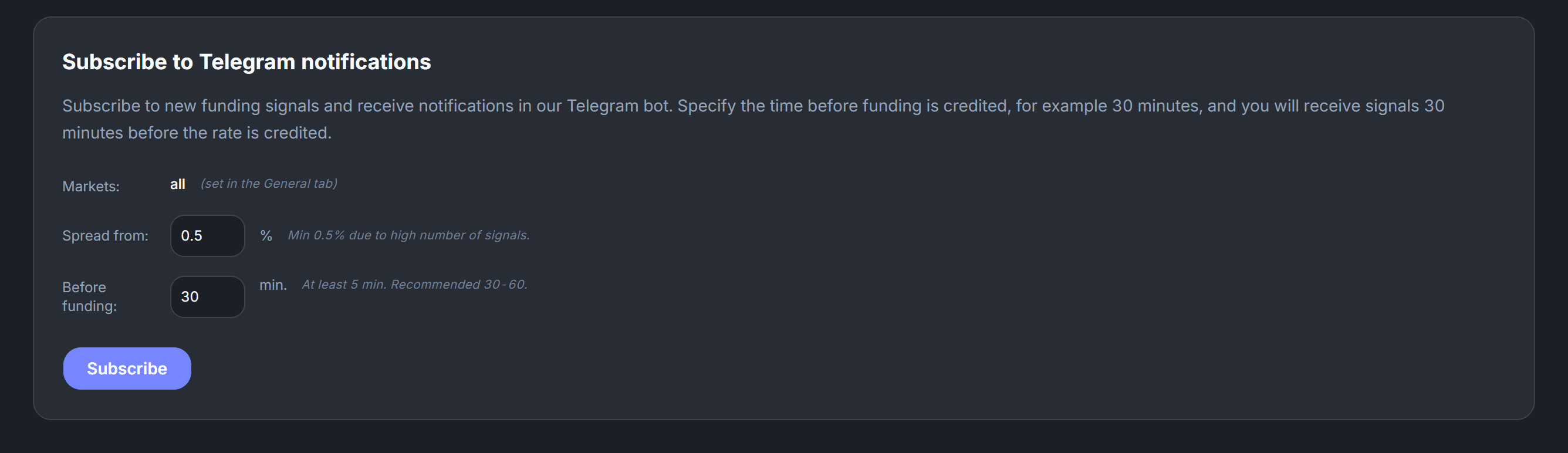 Настройки подписки на Telegram-сигналы в сканере фандинга